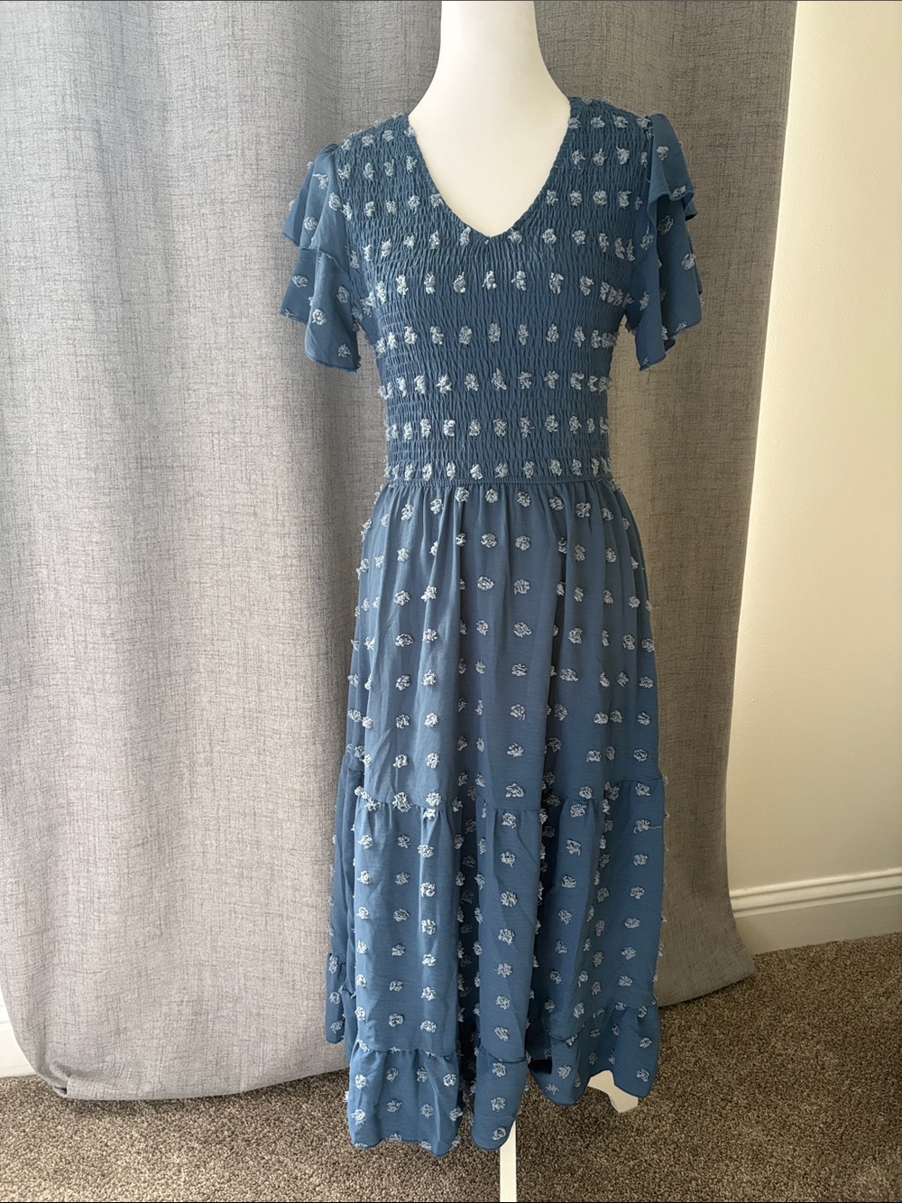 Blue Floral Smocked Midi Dress - Women's